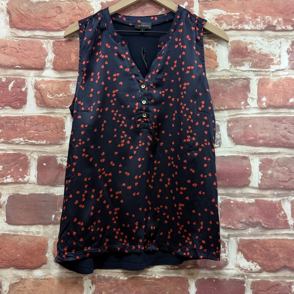 The Limited Top Women's L Blue Red Hearts Satin Mixed Media Stretchy Back Shirt